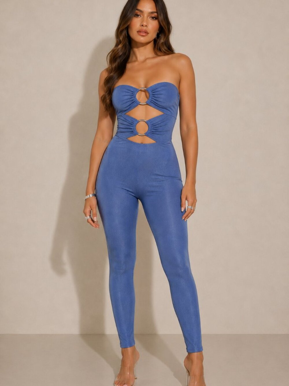 NWT May Pink Powder Blue Strapless Silver Ring Cutout Bodycon Jumpsuit